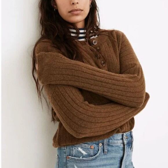 NEW Madewell Bowden Henley Sweater in Coziest Yarn,‎ brown, women's plus size 4X - Picture 2 of 16
